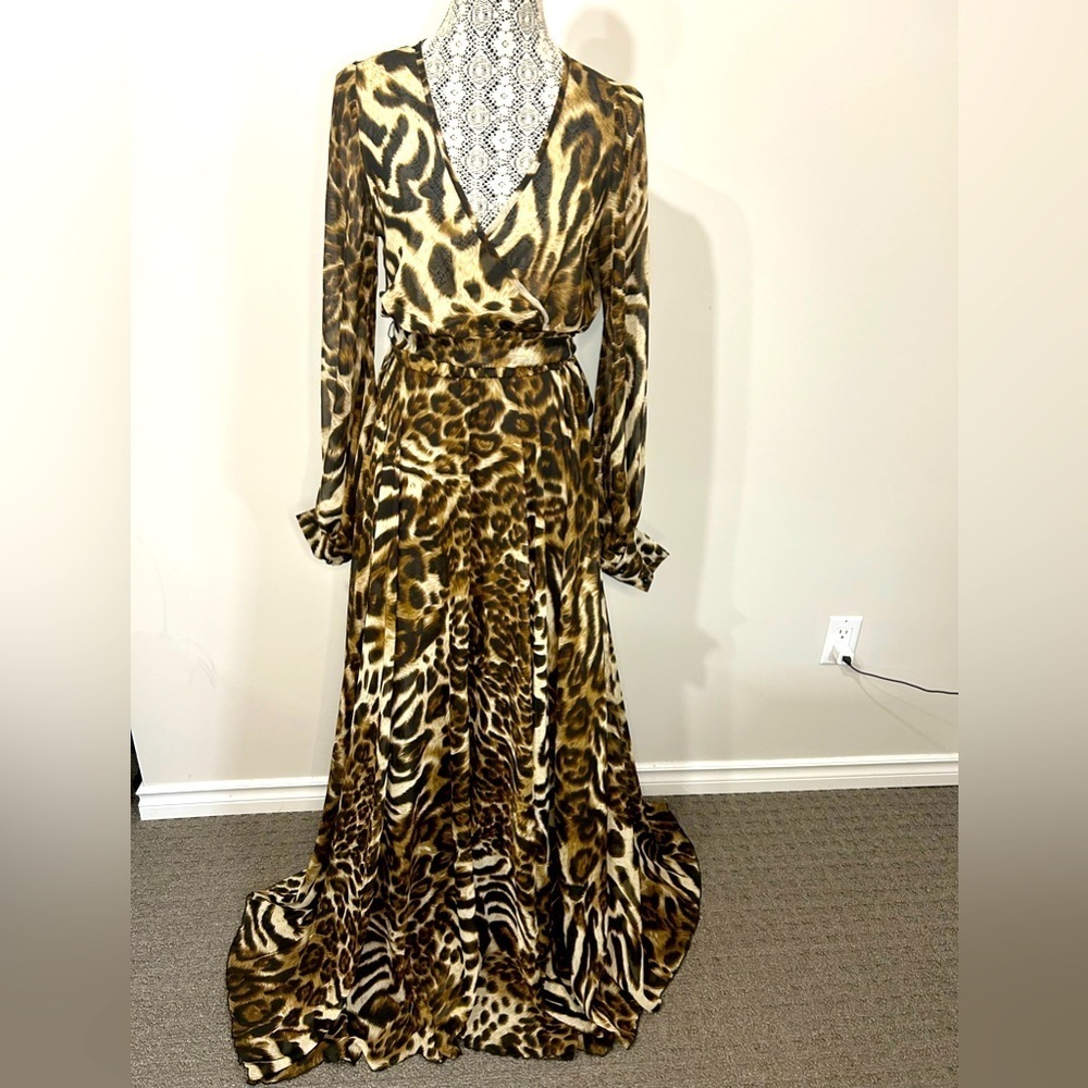 Animal print leopard cheetah semi sheer long sleeve wrap maxi dress medium